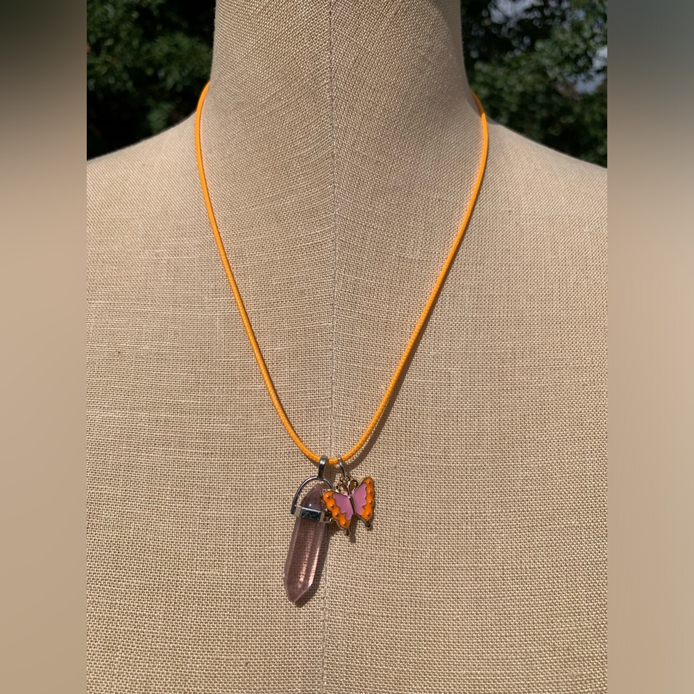 Handmade Dagger Light Pink Resin Crystal Amulet Necklace & Butterfly Charm - Picture 8 of 9